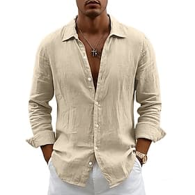 Men's Shirt Linen Shirt Summer Shirt Beach Shirt Plain Casual Vacation Black White Yellow Navy Blue Long Sleeve Turndown Summer Spring Clothing Apparel Pocket