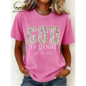 Women's 100% Cotton T Shirt Print Acid Wash Vintage Washed Letter Stylish Basic Classic Short Sleeve Crew Neck Regular Tops Casual Daily Blue Black Pink Purple