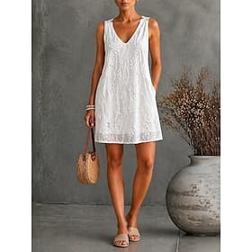 Women's Knee Length 100% Cotton Dress Lace Dress White Dress Fashion Modern Outdoor Weekend Regular Fit Plain Sleeveless V Neck White Summer Spring