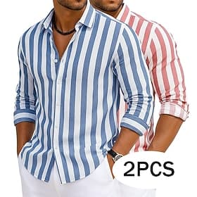 Men's Shirt Linen Shirt Summer Shirt Beach Shirt Striped Shirts Vertical Stripes Casual Vacation PinkYellow Yellowgreen Greenpink Navy BlueYellow Long Sleeve T