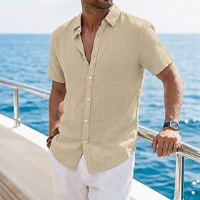 Men's Linen Shirt Summer Shirt Beach Wear Button Up Shirt Plain Casual Vacation Black White Pink Green Short Sleeve Turndown Summer Clothing Apparel Plain