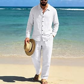 Herren Leinenhemd Zweiteilig Hemd Set Und Leinenhosen Hose Freizeithose Set Einfach Täglich Outdoor Strand Umlegekragen Langarm Sommer Frühling Mode Lässig Beq