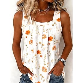 Women's Tank Top Print Floral Graphic Plants Vintage Stylish Classic Sleeveless U Neck Regular Tops Casual Daily Going out White Red Orange Summer Spring
