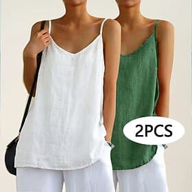 Multi Packs 2pcs Women's Cotton Linen Shirts Blouse Sleeveless Shirt Patchwork Buttons Plain Daily Stylish Basic Sleeveless V Neck Regular Tops Daily Holiday G