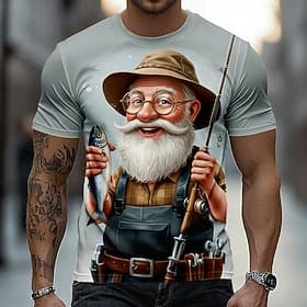 Men's Old Man Fishing T Shirt Short Sleeve T shirt 3D Print Crew Neck Shirt Exaggerated Designer Daily Club Party White Gray Summer Spring All Seasons Clothing