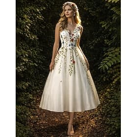 Ligne A Longueur thé Robes de Bal Floral Blanc Sans manches Col en V Bal de promo robe demoiselle d honneur Dentelle Tulle avec Broderie Appliques