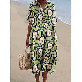 Women's Midi Dress Shift Dress Sundress Vacation Casual Beach Daily Going out Regular Fit Ombre Floral Graphic Short Sleeve V Neck Navy Light Green Red Light B