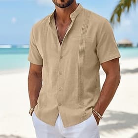Men's Shirt Linen Shirt Summer Shirt Beach Shirt Summer Hawaiian Shirt Solid Color Casual Daily Blue Dark Yellow Black Navy Blue Short Sleeve Collar Spring  Su
