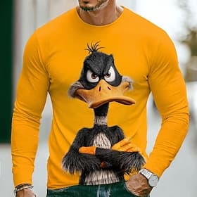 Men's Solid Color Animal Duck T Shirt Long Sleeve T shirt 3D Print Crew Neck Shirt Funny Casual Daily Street Blue Black Yellow Spring Fall Clothing Apparel S M