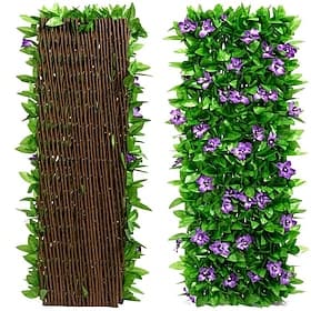 Ausziehbarer Sichtschutzzaun aus künstlichem Efeu und Orchideen mit realistischen grünen Blättern, aus robustem Holz-Kunststoff-Material, pflegeleichte Gartend