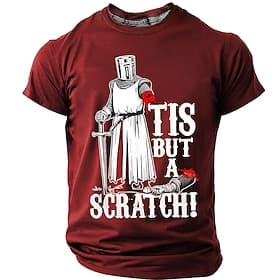 Tis But A Scratch Funny Medieval Knight Men's Sarcastic Movie Quote Humor T Shirt Graphic Crew Neck Short Sleeve Maroon Gift for Movie Fans Designer Clothing A