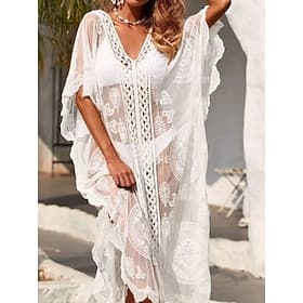 Women's Swimwear Cover Up Swimsuit Lace Vacation Beach Wear Solid Color V Neck Long Sleeve Bathing Suits
