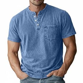 Homme Chemise Henley Chemise 100% coton délavée à l'acide Manche Courte Uni Rétro Vintage Occasionnel Le style rétro Affligé Henley Occasionnel Été Printemps A thumbnail 2