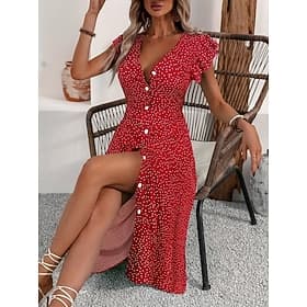 Femmes Robe Midi Robe Décontractée Robe Fleurie Élégant Mode Moderne Extérieur Vacances Sortir Coupe régulière Fleuri Manche Courte Col en V Noir Rouge Vert Ét