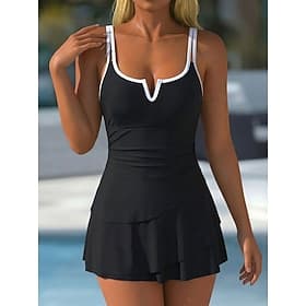 Women's Swimwear One Piece Monokini Swim Dress Swimsuit Tummy Control High Waist Slim Backless Vacation Beach Wear Solid Color Scoop Neck Sleeveless Bathing Su