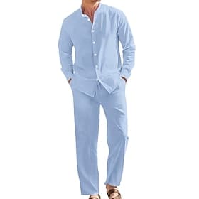 Men's Linen Shirt 2 Piece Shirt Set And Linen Pants Trousers Casual Pants Set Plain Daily Outdoor Vacation Grandad Collar Long Sleeve Summer Spring Fashion Cas
