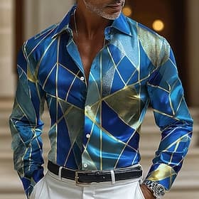 Men's Geometric Abstract Art Color-blocking Satin Shirt Prom Shirt Casual Dress Shirt Long Sleeve Fashion Casual Vacation Wedding Dailywear Summer Spring Turnd