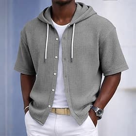 Men's Shirt Waffle Shirt Casual Shirt Button Up Shirt Black Light Green Navy Blue Purple Military Green Short Sleeve Solid Color Plain Hooded Casual Daily Fron