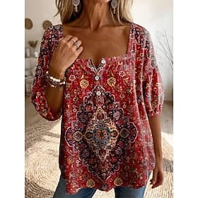 Women's Blouse Print Graphic Geometric Daily Stylish Casual Half Sleeve Square Neck Regular Tops Casual Daily Blue White Wine Green Summer Spring