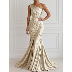 Mermaid Trumpet Sweep Brush Train Evening Gown Elegant Floral Silky Sleeveless One Shoulder Evening Party Garden Party Satin Jacquard with Ruched