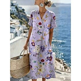 Women's Midi Dress Shift Dress Sundress Vacation Casual Beach Regular Fit Floral Graphic Short Sleeve V Neck Blue White Pink Purple Summer Spring