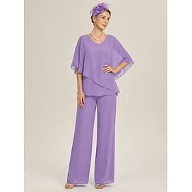 Women's Chiffon Overlay V Neck Wide Leg Pant Set for Wedding and Elegant Occasions