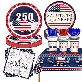 U.S. 250th Anniversary Party Disposable Tableware Set – Red, White  Blue Plates, Cups, Napkins  Tablecloth, Patriotic Independence Day Celebration 1776‑2026