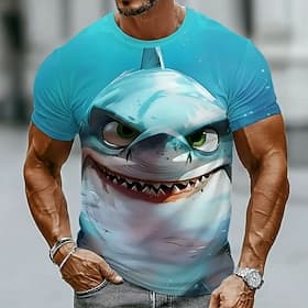 Herren-T-Shirt mit wütendem Hai-Cartoon-Gesicht, grinsend, lustig, humorvoll, skurril, mit Grafik eines Meeresräubers, Rundhalsausschnitt, Kurzarm, hellblau, n thumbnail 2