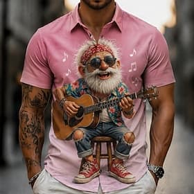 Men's Guitarist Player Cartoon Character Old Man Shirt Summer Shirt Button Up Shirt Short Sleeve Funny Vintage Retro Daily Outdoor Vacation Summer Spring Turnd