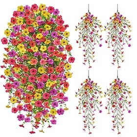 Artificial Hanging Flowers for Outdoors, 4PCS UV Resistant Artificial Violet Outdoor Flowers, Silk Flowers for Outside Patio Porch Front Yard Window Garden Ind
