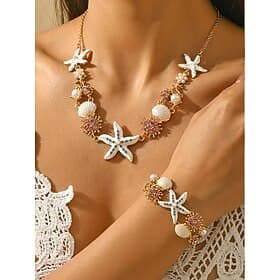 Women's Bohemian Alloy Blue and White Starfish Pendant Necklace and Bracelet Set, Beach Vacation Jewelry for Travel, Resort Style and Everyday Casual Wear