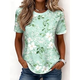 Women's T Shirt Print Floral Graphic Plants Bohemia Hawaiian Stylish Short Sleeve Crew Neck Long Tops Daily Blue Black Light Pink Yellow Dark Green Summer Spri