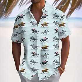 Kentucky Derby Men's Striped Horse Racing Shirt Summer Shirt Button Up Shirt Short Sleeve Vintage Retro Holiday Summer Spring Turndown 3D Print Collared Shirts