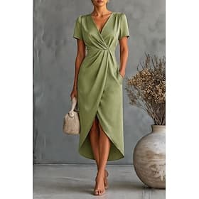 Women's Midi Dress Satin Dress Party Dress Cocktail Dress Elegant Fashion Romantic Party Wedding Wedding Guest Regular Fit Plain Short Sleeve V Neck Black Cham thumbnail 2