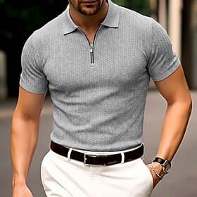 Homme Polo à fermeture éclair Texturé Occasionnel Fête Revers Zip quart Manche Courte Mode Basique Uni Jacquard Quart de zip Été Printemps Coupe sur mesure Noi