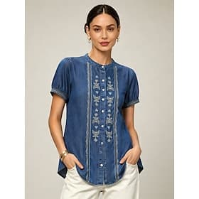 Women's Vintage Embroidered Tencel Denim Blouse, Loose Casual Stand Collar Summer Top