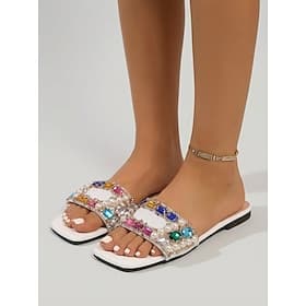 Women's Embellished Flat Sandals, Open Toe Rhinestone Pearl Slide Dress Shoes for Resort Dinner, Vacation  Summer Evening Events