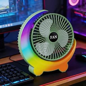Moon Shaped Desk Fan with Rainbow RGB LED Light, 3-Speed Quiet Personal USB Table Fan for Office Bedroom Nightstand, Rechargeable Battery Operated Small Fan fo