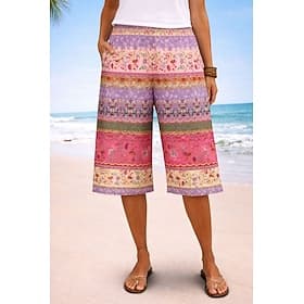 Women's Chinos Shorts Vacation Vintage Ethnic Style Knee Length High Waist Floral Graphic Elastic Waist Comfort Inelastic Casual Daily Vacation Blue White Pink