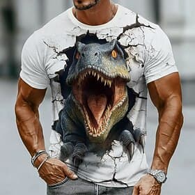Men's 3D Realistic Dinosaur T-Rex Bursting Through Broken Wall Effect Funny Cool Graphic T Shirt Crew Neck Short Sleeve Prehistoric Animal Tee Regular Fit Casu