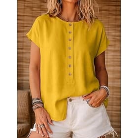 Women's Shirt Cotton Linen Shirts Buttons Graphic Geometric Color Block Vintage Stylish Basic Short Sleeve Butterfly Sleeve Crew Neck Long Tops Casual Daily Ho