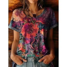 Women's T Shirt Print Floral Graphic Plants Vintage Stylish Casual Short Sleeve Crew Neck Round Neck Regular Tops Casual Daily Blue Pink Purple Summer Spring