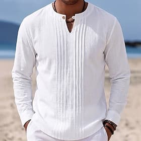 Men's Shirt Linen Shirt Summer Shirt Beach Shirt Solid Color Casual Vacation Blue Black White Khaki Long Sleeve Mandarin Collar Summer Spring Clothing Apparel