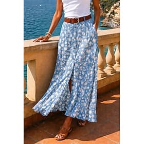 Women's Vacation Skirt Casual Boho Midi Mid Rise Skirts Floral Print Split Ends Inelastic Street Going out Sky Blue Summer thumbnail 2