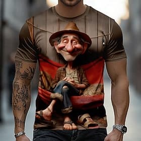 Men's 3D Old Man T Shirt Short Sleeve T shirt 3D Print Crew Neck Shirt Exaggerated Designer Daily Club Party Brown Summer Spring All Seasons Clothing Apparel S