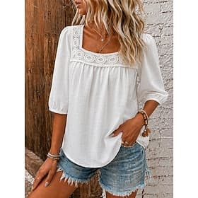 Women's Linen-feel Shirts Blouse Lace Trim Solid Color Daily Stylish Basic 3/4 Length Sleeve Square Neck Regular Tops Casual Daily Blue White Pink Navy Blue Gr