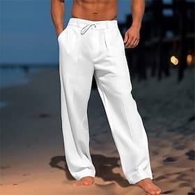 Homme Pantalons en Lin Pantalons Pantalon d'été Pantalons de Plage Cordon de serrage Jambe Droite Uni Confort Respirant Longueur complète Occasionnel Quotidien