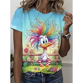 Women's T Shirt Print Graphic Animal Cartoon Stylish Classic Casual Short Sleeve Crew Neck Round Neck Regular Tops Daily Blue White Pink Orange Summer Spring