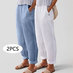 Multi Packs 2pcs Women's 100% Cotton Pants Summer Pants Casual Pants Vacation Basic High Waist Plain Pocket Comfort Soft Breathable Inelastic Casual Daily Athl