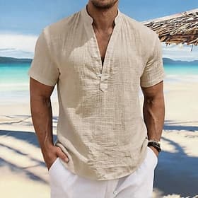 Men's Shirt Linen Shirt Popover Shirt Summer Shirt Casual Shirt Beach Shirt Plain Casual Vacation Black White Wine Navy Blue Short Sleeve Band Collar Summer Sp